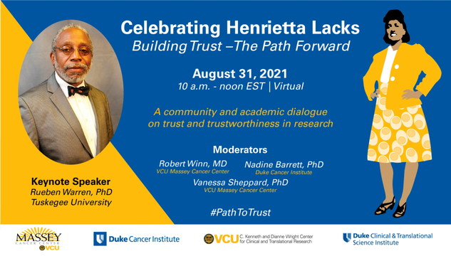 Flyer advertising the "Celebrating Henrietta Lacks: Building Trust - the Path Forward" event. Long description in following paragraph.
