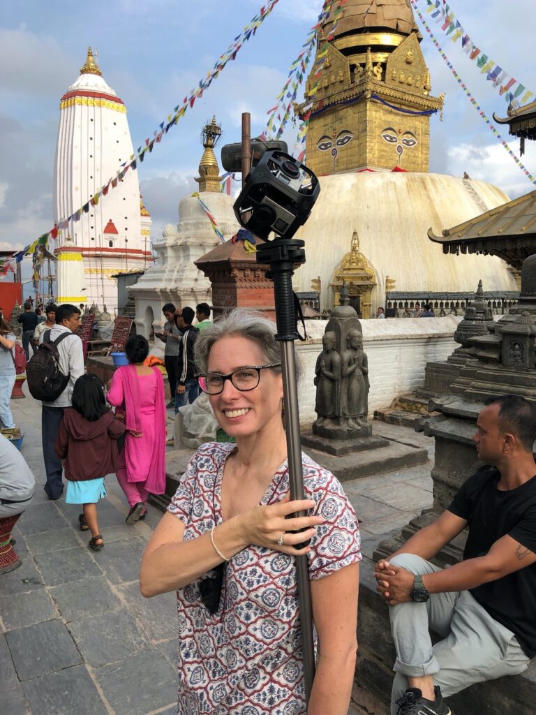 Dr. Leve recording with the 360 video at Swayambhunath Stupa for the Buddhist Cultural Heritage Project.