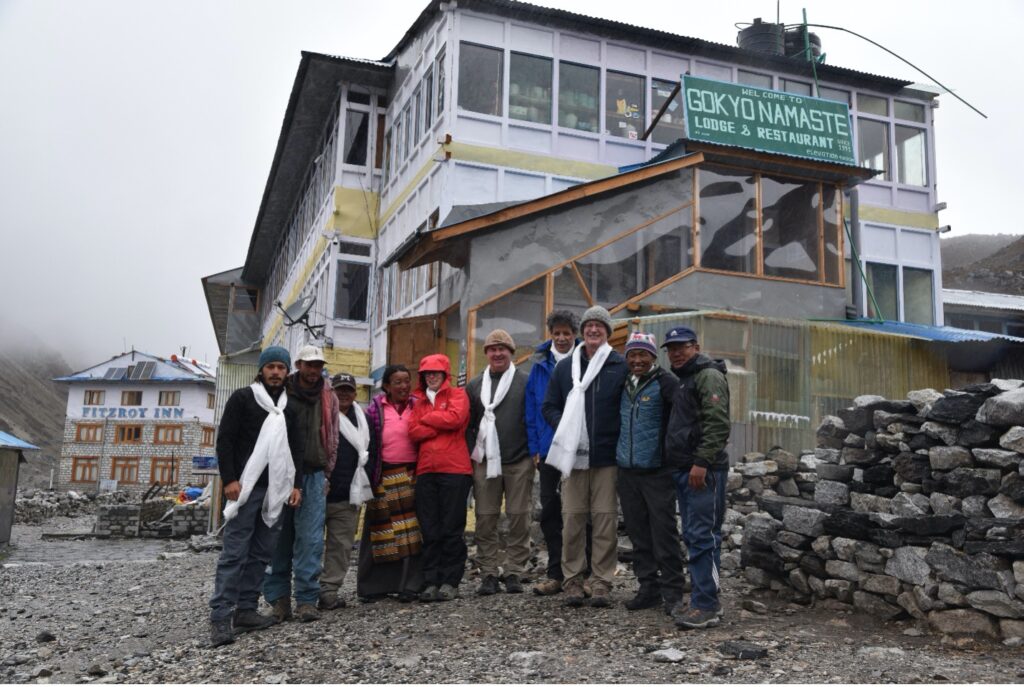 Dr. Leve with the scientists and some of the Sherpa community of Gokyo village, Nepal, the site of the contested lakes for the climate change project.